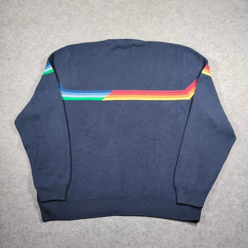 Marine Layer Lost & Found Rainbow Stripe Navy Blue Sweater Mens XL 14773 Holiday
